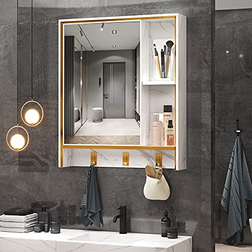 LVSOMT 24'' X 28'' Wall Mounted Bathroom Medicine Cabinet with Mirror, Aluminum Hanging Storage Organizer, Vanity Mirrored Cabinet with 4 Shelves, 3 Towel Hooks, 1 Makeup Bag (Marble White)