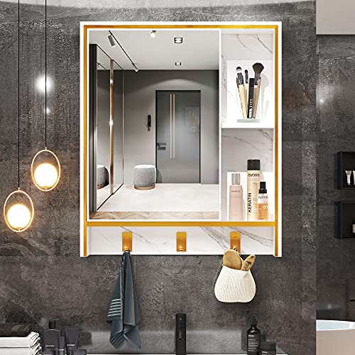 LVSOMT 24'' X 28'' Wall Mounted Bathroom Medicine Cabinet with Mirror, Aluminum Hanging Storage Organizer, Vanity Mirrored Cabinet with 4 Shelves, 3 Towel Hooks, 1 Makeup Bag (Marble White)