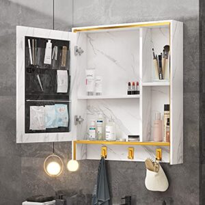 LVSOMT 24'' X 28'' Wall Mounted Bathroom Medicine Cabinet with Mirror, Aluminum Hanging Storage Organizer, Vanity Mirrored Cabinet with 4 Shelves, 3 Towel Hooks, 1 Makeup Bag (Marble White)