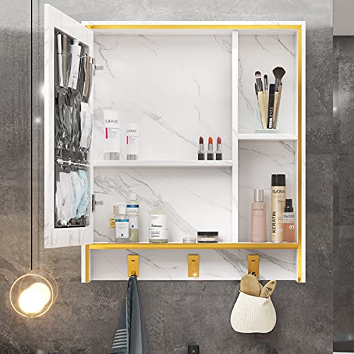 LVSOMT 24'' X 28'' Wall Mounted Bathroom Medicine Cabinet with Mirror, Aluminum Hanging Storage Organizer, Vanity Mirrored Cabinet with 4 Shelves, 3 Towel Hooks, 1 Makeup Bag (Marble White)