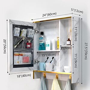 LVSOMT 24'' X 28'' Wall Mounted Bathroom Medicine Cabinet with Mirror, Aluminum Hanging Storage Organizer, Vanity Mirrored Cabinet with 4 Shelves, 3 Towel Hooks, 1 Makeup Bag (Marble White)