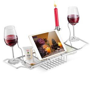 bathtub tray caddy stainless steel - bath tub caddy rack & organizer with stand for book, ipad or phone - candle holder - 2 wine holders