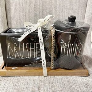 rae dunn brushes and things bathroom ceramic black holders with wooden tray