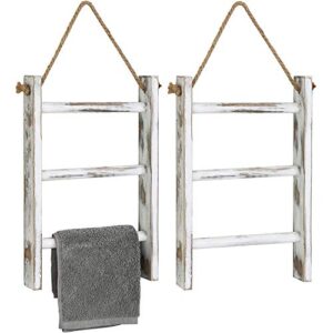 mygift 3-tier wall hanging towel ladder - farmhouse whitewashed wood mini hand towel rack with top rope, set of 2