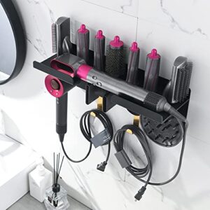 Yimerlen Airwrap Holder Compatible with Dyson Supersonic Airwrap Blow Hair Dryer Stand, 2 in1 Wall Mount Holder with Hooks for Curling Iron Nozzles Barrels Brushes Complete Attachments (Black-sus304)