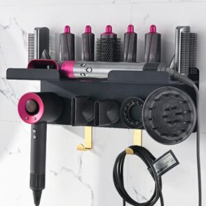 yimerlen airwrap holder compatible with dyson supersonic airwrap blow hair dryer stand, 2 in1 wall mount holder with hooks for curling iron nozzles barrels brushes complete attachments (black-sus304)