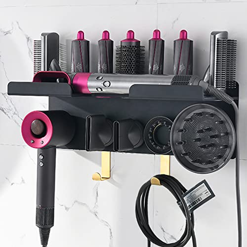 Yimerlen Airwrap Holder Compatible with Dyson Supersonic Airwrap Blow Hair Dryer Stand, 2 in1 Wall Mount Holder with Hooks for Curling Iron Nozzles Barrels Brushes Complete Attachments (Black-sus304)