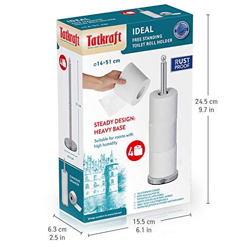 Tatkraft Ideal - Free Standing Toilet Paper Holder Stand - 20.1in (51cm) - Storage for 4 Rolls - Paper Towel Holder - Chrome Plated Steel