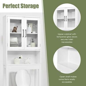 Giantex Over-The-Toilet Storage Cabinet W/Tempered Glass Doors, 3-Position Adjustable Shelf, Open Center Area, Anti-Tilt Design for Most Toilets Freestanding Bathroom Space Saver