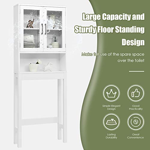 Giantex Over-The-Toilet Storage Cabinet W/Tempered Glass Doors, 3-Position Adjustable Shelf, Open Center Area, Anti-Tilt Design for Most Toilets Freestanding Bathroom Space Saver