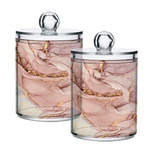 Kigai Gold Pink Marble Texture Qtip Holder Dispenser with Lids 2PCS -Bathroom Storage Organizer Set, Clear Apothecary Jars Food Storage Containers, for Tea, Coffee, Cotton Ball, Floss