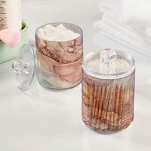 Kigai Gold Pink Marble Texture Qtip Holder Dispenser with Lids 2PCS -Bathroom Storage Organizer Set, Clear Apothecary Jars Food Storage Containers, for Tea, Coffee, Cotton Ball, Floss