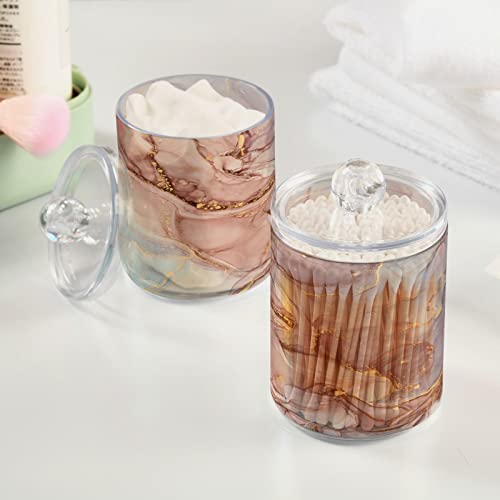 Kigai Gold Pink Marble Texture Qtip Holder Dispenser with Lids 2PCS -Bathroom Storage Organizer Set, Clear Apothecary Jars Food Storage Containers, for Tea, Coffee, Cotton Ball, Floss