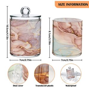 Kigai Gold Pink Marble Texture Qtip Holder Dispenser with Lids 2PCS -Bathroom Storage Organizer Set, Clear Apothecary Jars Food Storage Containers, for Tea, Coffee, Cotton Ball, Floss