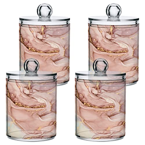 Kigai Gold Pink Marble Texture Qtip Holder Dispenser with Lids 2PCS -Bathroom Storage Organizer Set, Clear Apothecary Jars Food Storage Containers, for Tea, Coffee, Cotton Ball, Floss