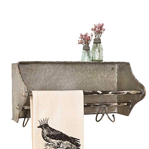 Colonial Tin Works Weathered Galvanized Metal Toolbox Wall Rack Towel Bar w/Hooks, grey