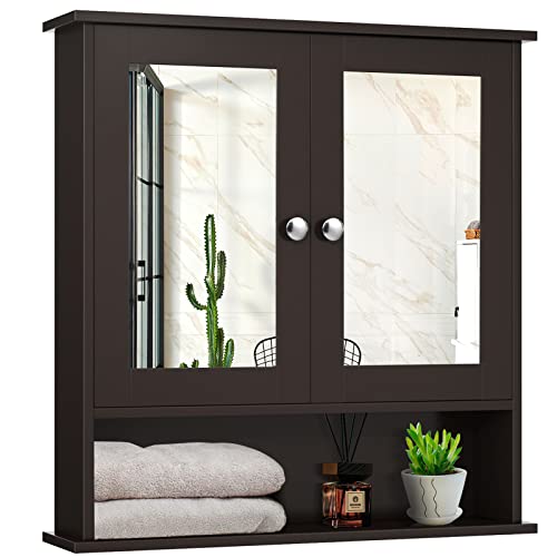 FUTADA Bathroom Cabinet with Mirror, Wall Mounted Medicine Cabinet w/ 2 Mirrored Doors, Adjustable Inner Shelves, Wooden Storage Organizer for Bathroom, Living Room & Bedroom (Brown)