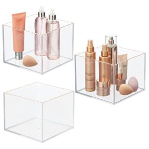mdesign makeup organizer for bathroom, bedroom and vanity countertops, and drawers; storage bins for cosmetics, brushes, eyeshadow palettes, lipstick, blush - square - 3 pack, clear/rose gold