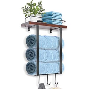 lamptop towel racks for bathroom wall decor, metal towel holders with wooden shelf,black minimalist design storage organizer with three hooks for large small towels, hand towels,spa, salon, rv