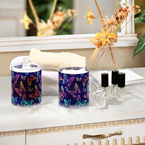 MNSRUU 2 Pack Qtip Holder Organizer Dispenser Purple Colorful Butterflies Bathroom Storage Canister Cotton Ball Holder Bathroom Containers for Cotton Swabs/Pads/Floss