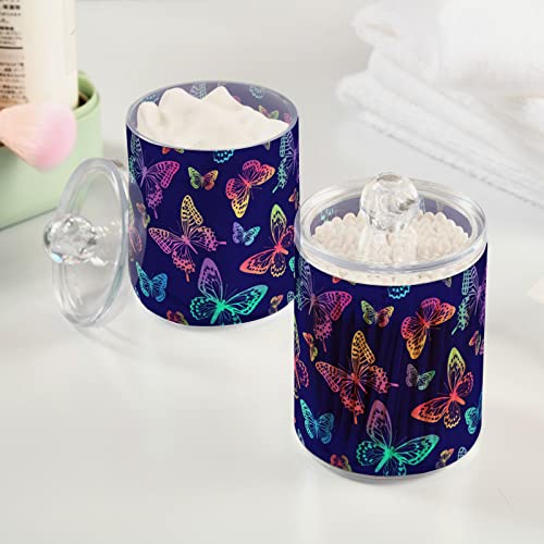 MNSRUU 2 Pack Qtip Holder Organizer Dispenser Purple Colorful Butterflies Bathroom Storage Canister Cotton Ball Holder Bathroom Containers for Cotton Swabs/Pads/Floss