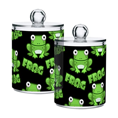 Fustylead 2 Pack Cartoon Frog Qtip Holder Dispensers, Plastic Apothecary Jar Bathroom Accessories Set for Cotton Ball, Swab, Round Pads, Floss