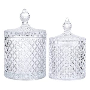 btsky set of 2 crystal decorative jars glass qtip holder with lids clear cotton swab holder apothecary jar for bathroom canisters classy candy dish decor jewelry box for office vanity, large+small