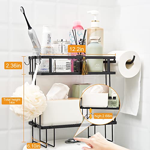 Bathroom Storage Shelf Over Toilet Organizer 2 Tier Storage Rack with Paper Holder Hooks Space Saver for Home Black