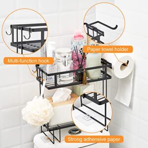 Bathroom Storage Shelf Over Toilet Organizer 2 Tier Storage Rack with Paper Holder Hooks Space Saver for Home Black