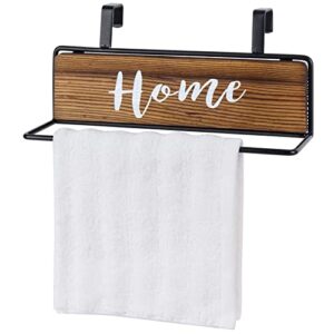 mygift rustic burnt solid wood and black metal over the cabinet door dish hand towel rack, kitchen drying towel bar with decorative cursive home writing