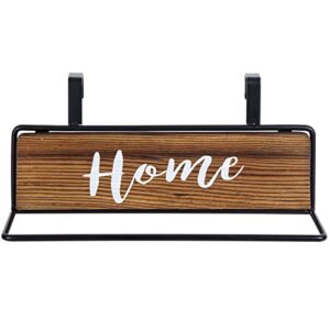 MyGift Rustic Burnt Solid Wood and Black Metal Over The Cabinet Door Dish Hand Towel Rack, Kitchen Drying Towel Bar with Decorative Cursive Home Writing