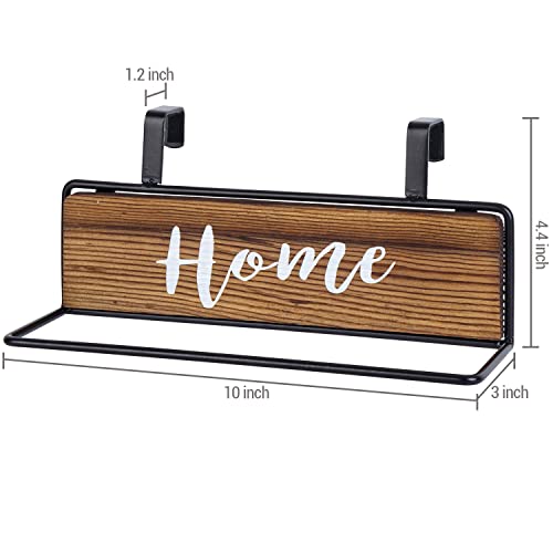 MyGift Rustic Burnt Solid Wood and Black Metal Over The Cabinet Door Dish Hand Towel Rack, Kitchen Drying Towel Bar with Decorative Cursive Home Writing