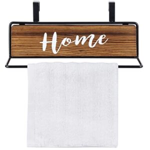 MyGift Rustic Burnt Solid Wood and Black Metal Over The Cabinet Door Dish Hand Towel Rack, Kitchen Drying Towel Bar with Decorative Cursive Home Writing