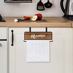 MyGift Rustic Burnt Solid Wood and Black Metal Over The Cabinet Door Dish Hand Towel Rack, Kitchen Drying Towel Bar with Decorative Cursive Home Writing