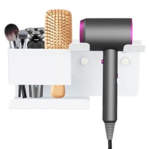 hair dryer holder wall mounted, shaidojio blow dryer holder for bathroom, aluminum alloy hair dryer rack, muti-function hair tool organizer with plug hook (white)