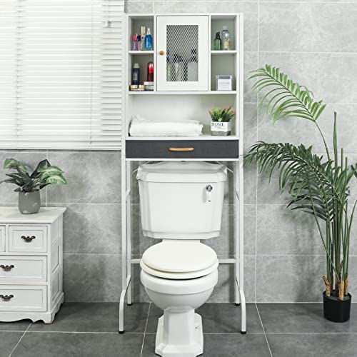 Hongtamoya Over The Toilet Storage Cabinet with Drawer, Bathroom Shelves Over Toilet with Large Storage Space, Over Toilet Bathroom Organizer with Adjustable Shelves and Door, White