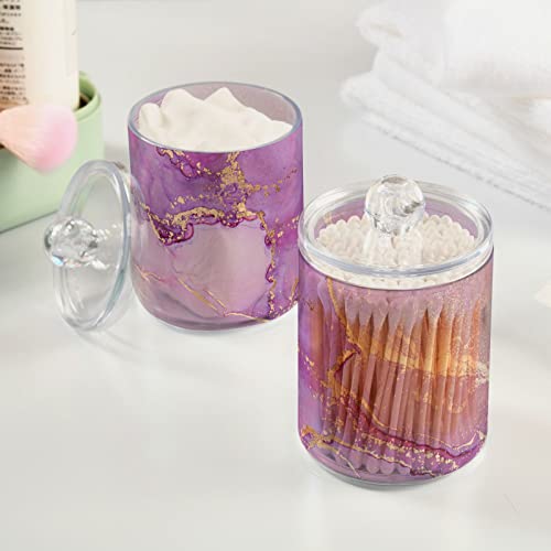 Fustylead 2 Pack Purple Marble Plastic Apothecary Jar Set for Bathroom Storage, Qtip Holder Dispensers for Cotton Ball, Swab, Round Pads, Floss