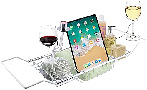 Zoternen Tub Shelf, Stainless Steel Shower Bathtub Caddy Tray Expandable Bath Organizer Soap Red Wine Rack Holder Bath Tub Tray for Home Kitchen Bathroom