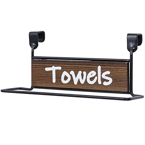MyGift 10 Inch Matte Black Metal Bar Over Cabinet Door Kitchen Tea Towel Hanger Rack with Rustic Burnt Wood Sign White Print Lettering “Towels” Label Design