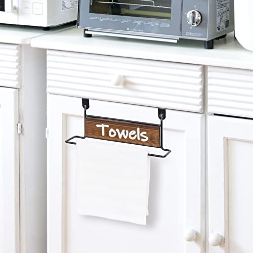MyGift 10 Inch Matte Black Metal Bar Over Cabinet Door Kitchen Tea Towel Hanger Rack with Rustic Burnt Wood Sign White Print Lettering “Towels” Label Design