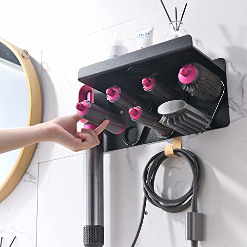 Wall Mount Holder Compatible with Dyson Airwrap Curling Iron Accessories, Metal Accessories Storage Stand Rack with Cord Organizer Hook for Home Bedroom Bathroom Hair Salon (Black)