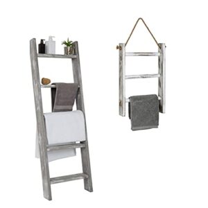 mygift wall-leaning rustic gray with white finish wood ladder-style blanket rack & mygift 3-tier mini whitewashed wood wall-hanging hand towel storage ladder with rope