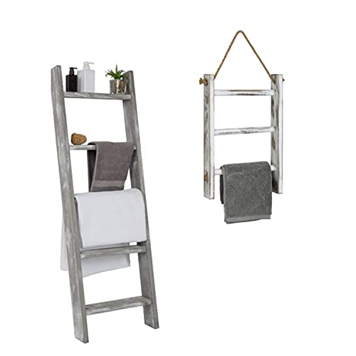 MyGift Wall-Leaning Rustic Gray with White Finish Wood Ladder-Style Blanket Rack & MyGift 3-Tier Mini Whitewashed Wood Wall-Hanging Hand Towel Storage Ladder with Rope