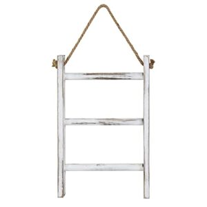 MyGift Wall-Leaning Rustic Gray with White Finish Wood Ladder-Style Blanket Rack & MyGift 3-Tier Mini Whitewashed Wood Wall-Hanging Hand Towel Storage Ladder with Rope