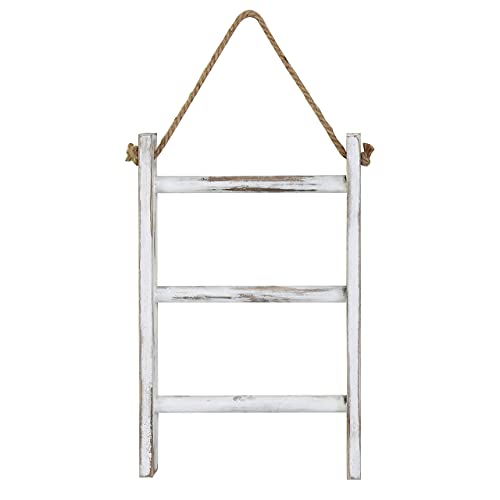 MyGift Wall-Leaning Rustic Gray with White Finish Wood Ladder-Style Blanket Rack & MyGift 3-Tier Mini Whitewashed Wood Wall-Hanging Hand Towel Storage Ladder with Rope