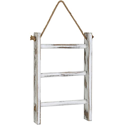 MyGift Wall-Leaning Rustic Gray with White Finish Wood Ladder-Style Blanket Rack & MyGift 3-Tier Mini Whitewashed Wood Wall-Hanging Hand Towel Storage Ladder with Rope