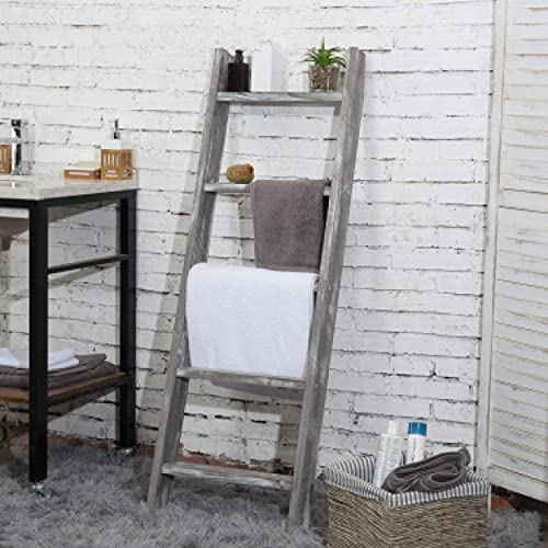 MyGift Wall-Leaning Rustic Gray with White Finish Wood Ladder-Style Blanket Rack & MyGift 3-Tier Mini Whitewashed Wood Wall-Hanging Hand Towel Storage Ladder with Rope