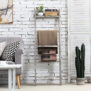 MyGift Wall-Leaning Rustic Gray with White Finish Wood Ladder-Style Blanket Rack & MyGift 3-Tier Mini Whitewashed Wood Wall-Hanging Hand Towel Storage Ladder with Rope