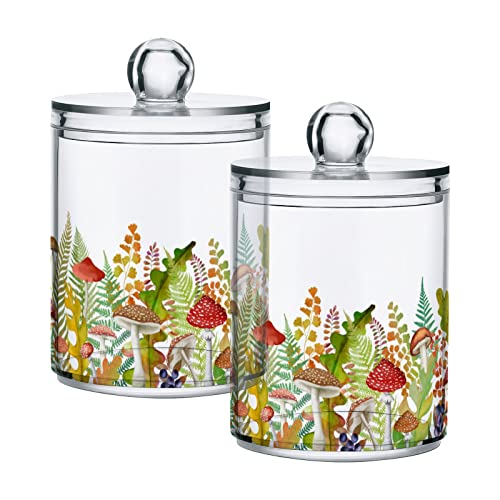 GOODOLD Fall Leaf Mushroom Apothecary Jars with Lids for Bathroom - 10 OZ Qtip Holder Clear Plastic Jar Storage Canister for Cotton Balls, Swabs, Makeup Organizer, 2 Pack