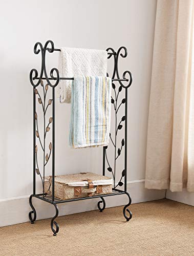 Pilaster Designs Canterbury Transitional Black and Gold Metal Freestanding 3 Tier Bathroom Towel Rack Organizer with Storage Shelf